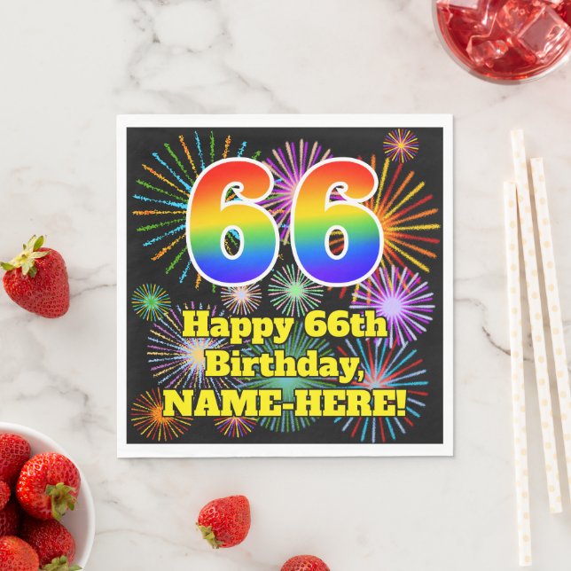 66th Birthday: Fun Fireworks Pattern + Rainbow 66 Napkins (Insitu)