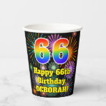 [ Thumbnail: 66th Birthday: Fun Fireworks Pattern + Rainbow 66 Paper Cups ]