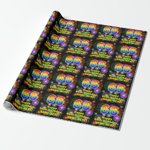 66th Birthday: Fun Fireworks, Rainbow Look # “66” Wrapping Paper