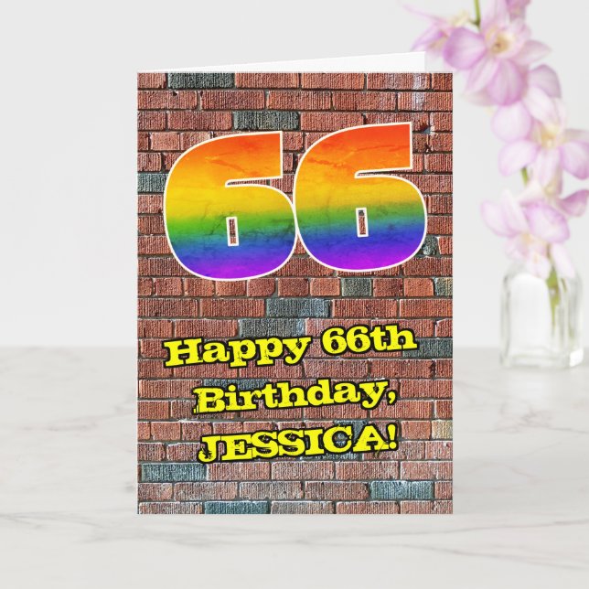 66th Birthday: Fun Graffiti-Inspired Rainbow 66 Card (Orchid)