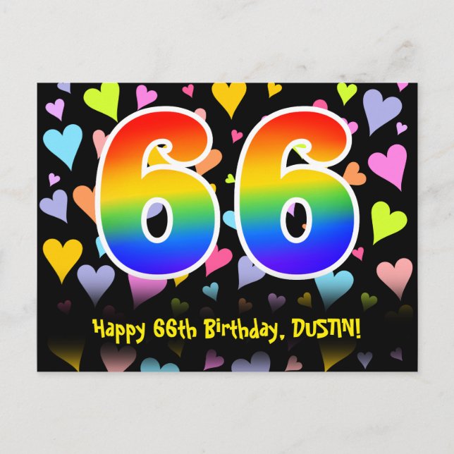66th Birthday: Fun Hearts Pattern, Rainbow 66 Postcard (Front)