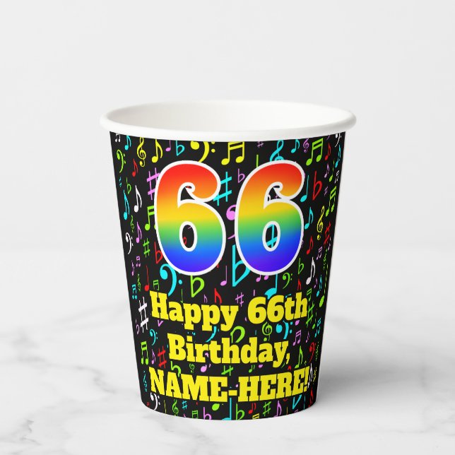 66th Birthday: Fun Music Notes Pattern, Rainbow 66 Paper Cups (Back)