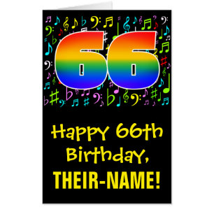 66th Birthday: Fun Music Symbols + Rainbow # 66 Card