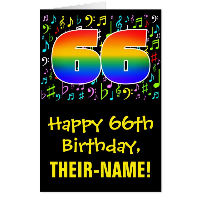 66th Birthday: Fun Music Symbols + Rainbow # 66 Card (Front)