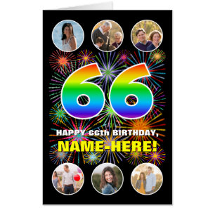 66th Birthday: Fun Rainbow #, Custom Name + Photos Card