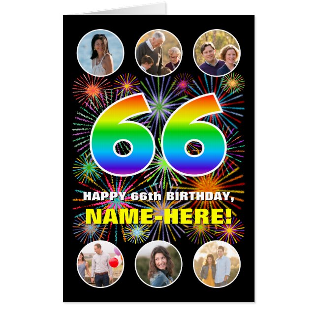 66th Birthday: Fun Rainbow #, Custom Name + Photos Card (Front)