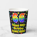 [ Thumbnail: 66th Birthday: Fun Stars Pattern and Rainbow 66 Paper Cups ]