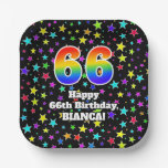 [ Thumbnail: 66th Birthday: Fun Stars Pattern and Rainbow “66” Paper Plates ]
