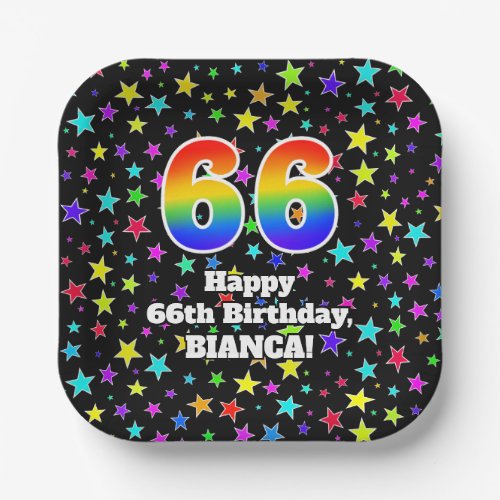 66th Birthday Fun Stars Pattern and Rainbow 66 Paper Plates