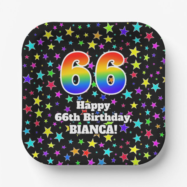 66th Birthday: Fun Stars Pattern and Rainbow “66” Paper Plates (Front)
