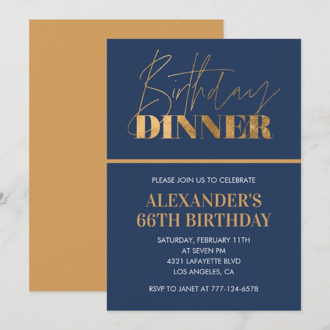 66th birthday invitation Birthday Dinner Gold Navy (Front/Back)