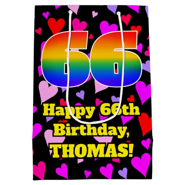 66th Birthday: Loving Hearts Pattern, Rainbow # 66 Medium Gift Bag (Back)