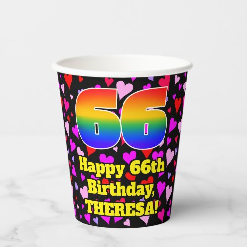 66th Birthday Loving Hearts Pattern Rainbow 66 Paper Cups