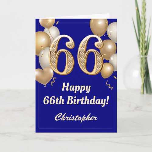 66th Birthday Navy Blue and Gold Balloons Confetti Card