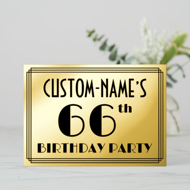 66th Birthday Party — Art Deco Look “66” + Name Foil Invitation (Standing Front)