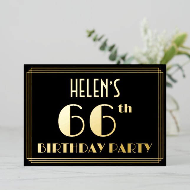 66th Birthday Party: Art Deco Look “66”, w/ Name Foil Invitation (Standing Front)