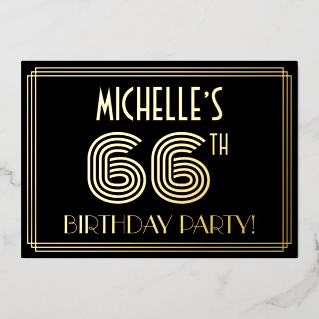 66th Birthday Party — Art Deco Style “66” + Name Foil Invitation (Front)