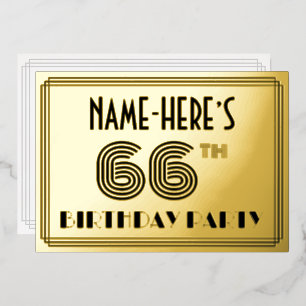 66th Birthday Party — Art Deco Style “66” & Name Foil Invitation