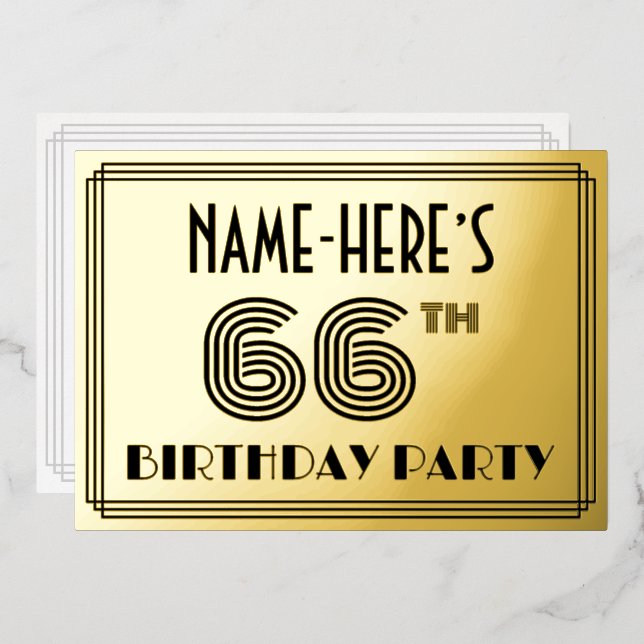 66th Birthday Party — Art Deco Style “66” & Name Foil Invitation (Front/Back)