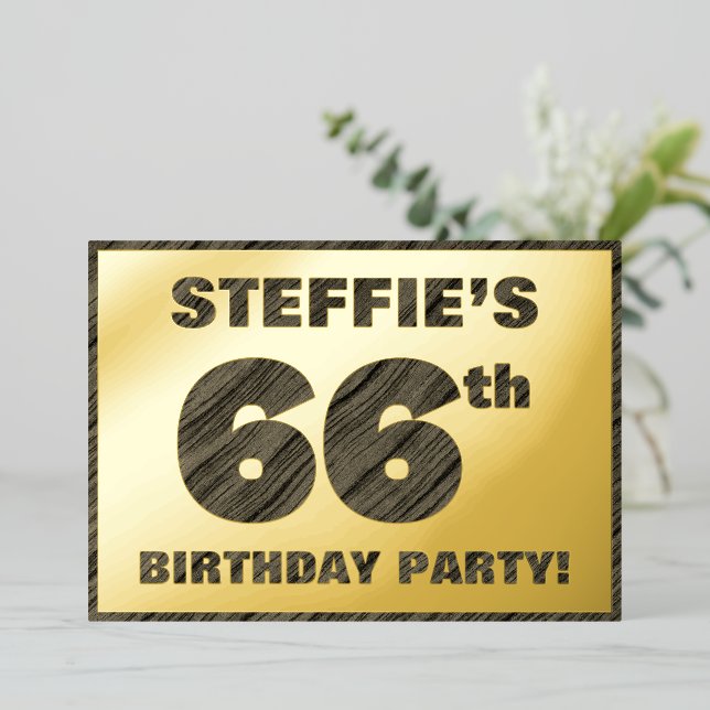 66th Birthday Party — Bold, Faux Wood Grain Text Foil Invitation (Standing Front)