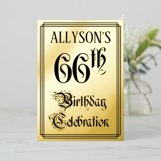 66th Birthday Party — Elegant Script + Custom Name Foil Invitation (Standing Front)