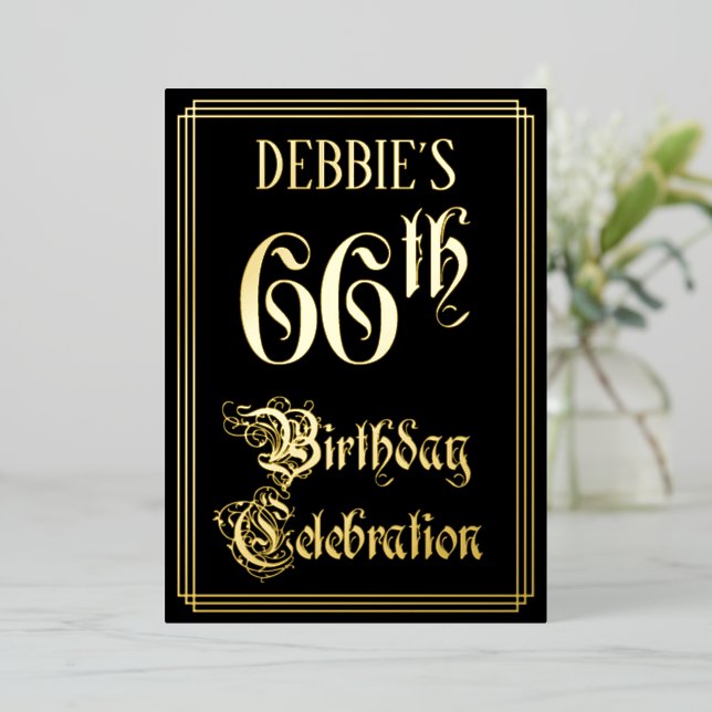 66th Birthday Party — Fancy Script & Custom Name Foil Invitation (Standing Front)