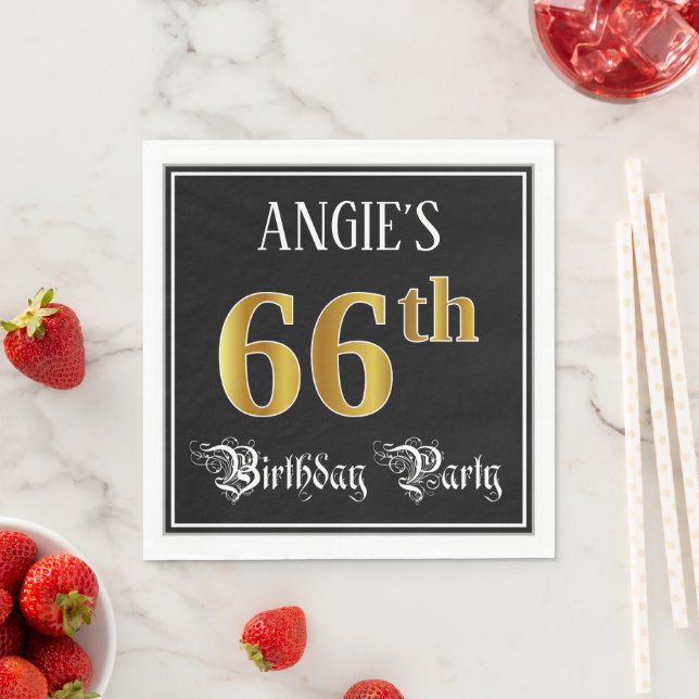 66th Birthday Party — Fancy Script, Faux Gold Look Napkins (Insitu)
