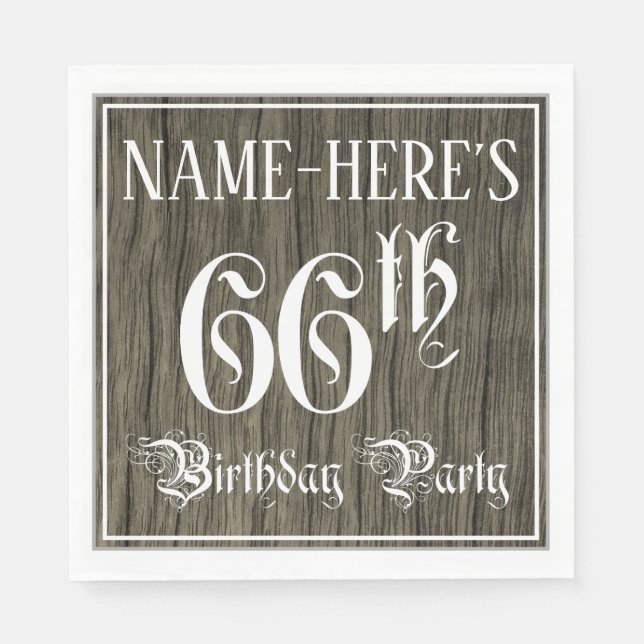 66th Birthday Party — Fancy Script, Faux Wood Look Napkins (Front)