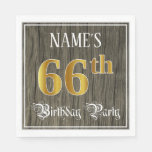 [ Thumbnail: 66th Birthday Party — Faux Gold & Faux Wood Looks Napkins ]