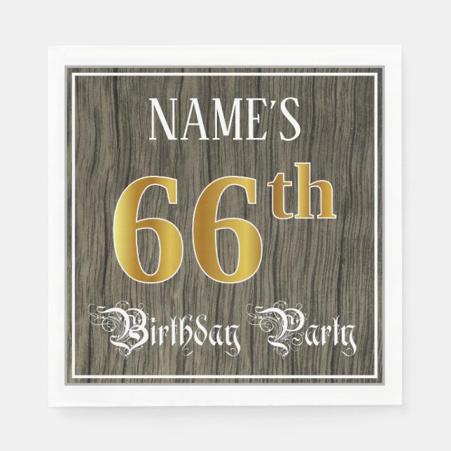 66th Birthday Party — Faux Gold & Faux Wood Looks Napkins (Front)