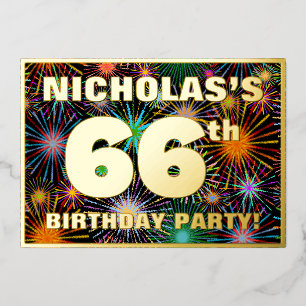 66th Birthday Party — Fun, Colorful Fireworks Look Foil Invitation
