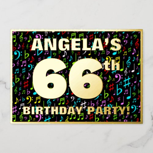 66th Birthday Party  Fun Colorful Music Symbols Foil Invitation