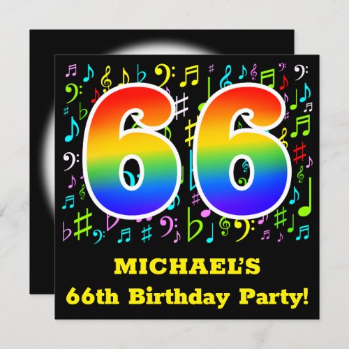 66th Birthday Party Fun Music Symbols Rainbow 66 Invitation