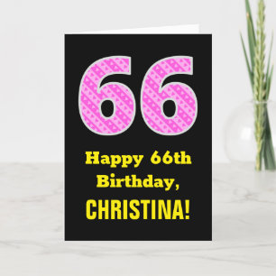 66th Birthday: Pink Stripes and Hearts "66" + Name Card