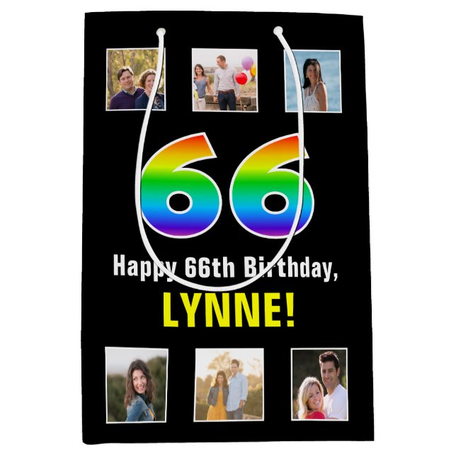 66th Birthday: Rainbow “66“, Custom Photos & Name Medium Gift Bag (Front)