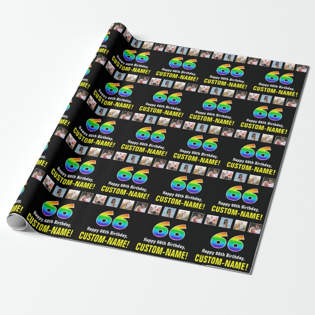 66th Birthday: Rainbow “66“; Custom Photos & Name Wrapping Paper (Unrolled)