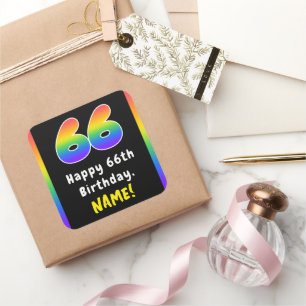 66th Birthday: Rainbow Spectrum # 66, Custom Name Square Sticker