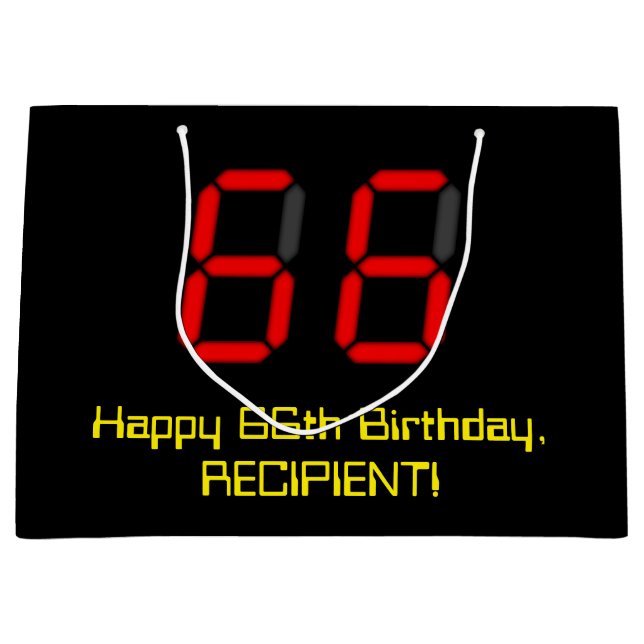 66th Birthday: Red Digital Clock Style "66" + Name Large Gift Bag (Front)
