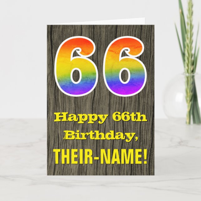 66th Birthday: Rustic Faux Wood Look, Rainbow "66" Card (Front)