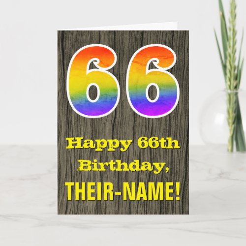 66th Birthday Rustic Faux Wood Look Rainbow 66 Card