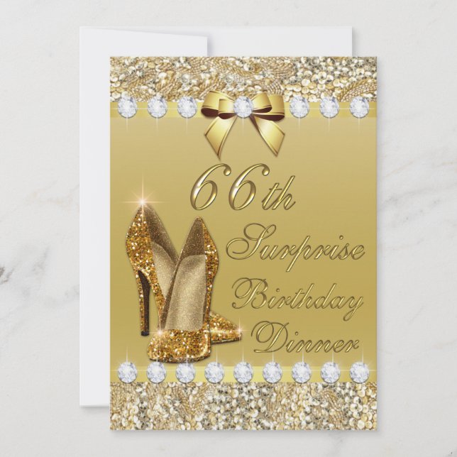 66th Surprise Birthday Dinner Gold Heels Diamonds Invitation (Front)