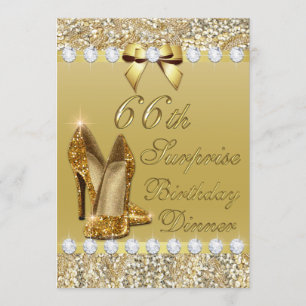 66th Surprise Birthday Dinner Gold Heels Diamonds Invitation