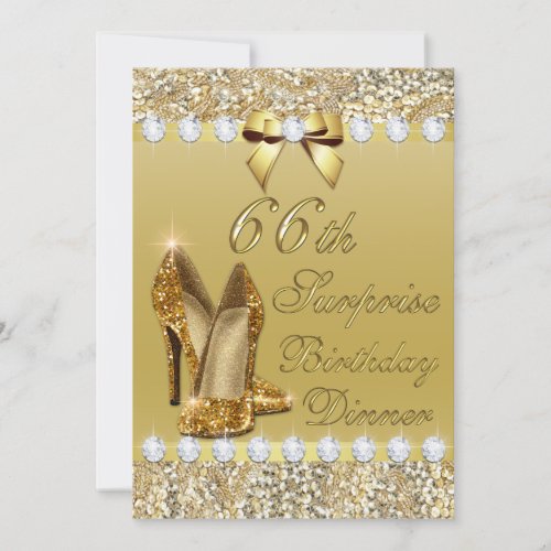 66th Surprise Birthday Dinner Gold Heels Diamonds Invitation