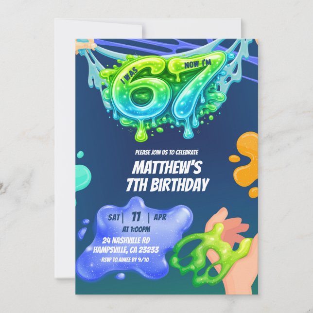 67 Boy Neon Blue Green Slime Birthday Invitation (Front)