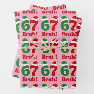 67 Bruh Funny Christmas Red and Green Santa Hat Wrapping Paper Sheets
