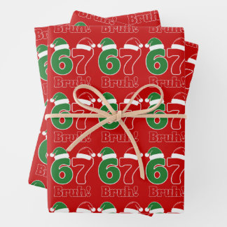 67 Bruh Funny Christmas Red and Green Santa Hat Wrapping Paper Sheets