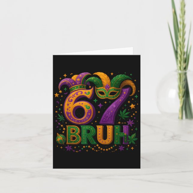 67 Bruh Funny Mardi Gras Mask Beads Costume Design Card (Front)