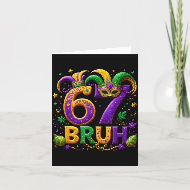 67 Bruh Jester Hat Feather Mask Mardi Gras Fleur D Card (Front)