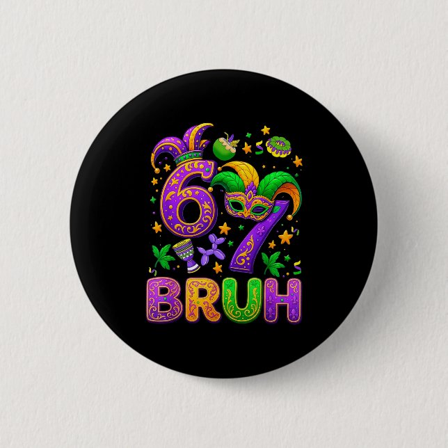 67 Bruh Mardi Gras Jester Mask New Orleans  Button (Front)