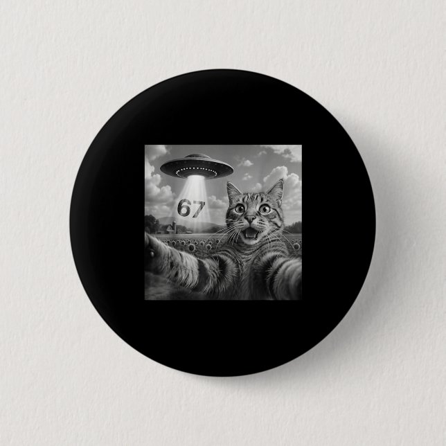 67 Cat Selfie With Alien Ufos Funny Cat Six Seven  Button (Front)